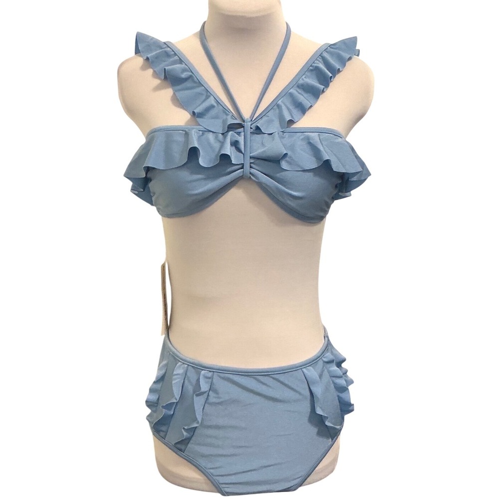 Chelsea & Violet Light Blue Ruffle Bikini Set High Waisted Two Piece Medium NWT
